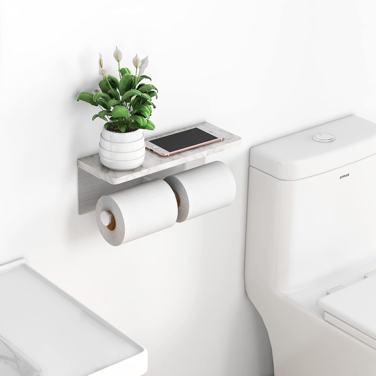 Gypie Toilet Paper Holder with Marble Shelf, Double Brushed Nickel | Stainless Steel Tissue Roll Paper Holder Wall