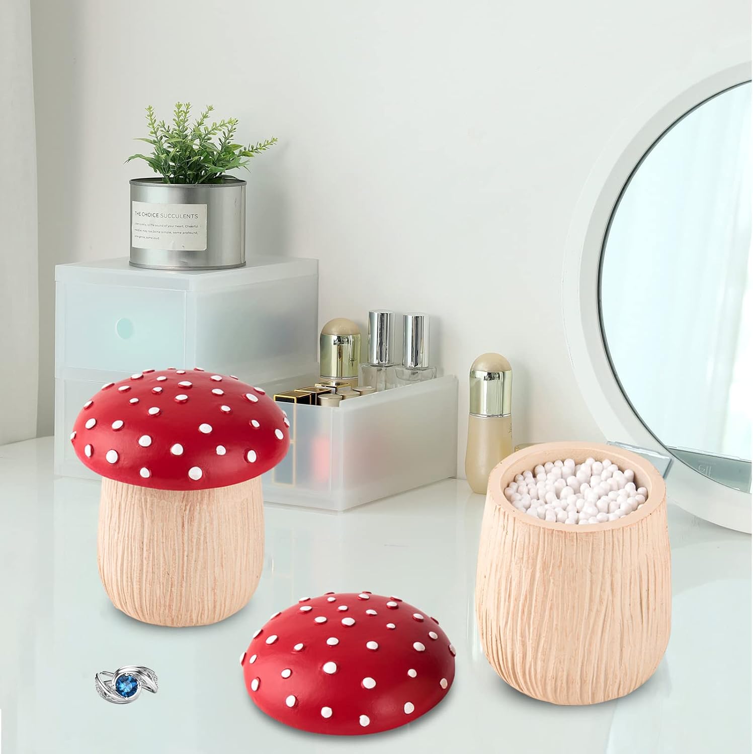 Qtip Holder Mushroom Cotton Ball Holder Cotton Swab Holder Qtip Dispenser Bathroom Cotton / Set of 2