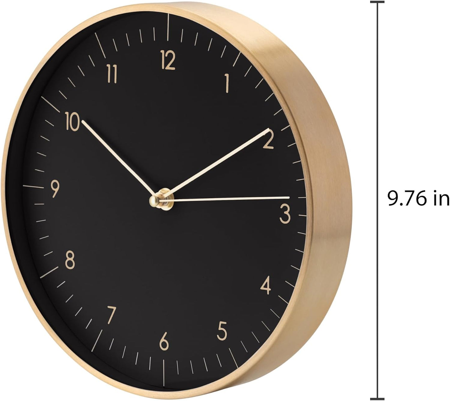 Modern Silent Quartz Wall Clock, 10in, Black & Gold | Chic & Minimalist, Non-ticking, Analog, Arabic numerals