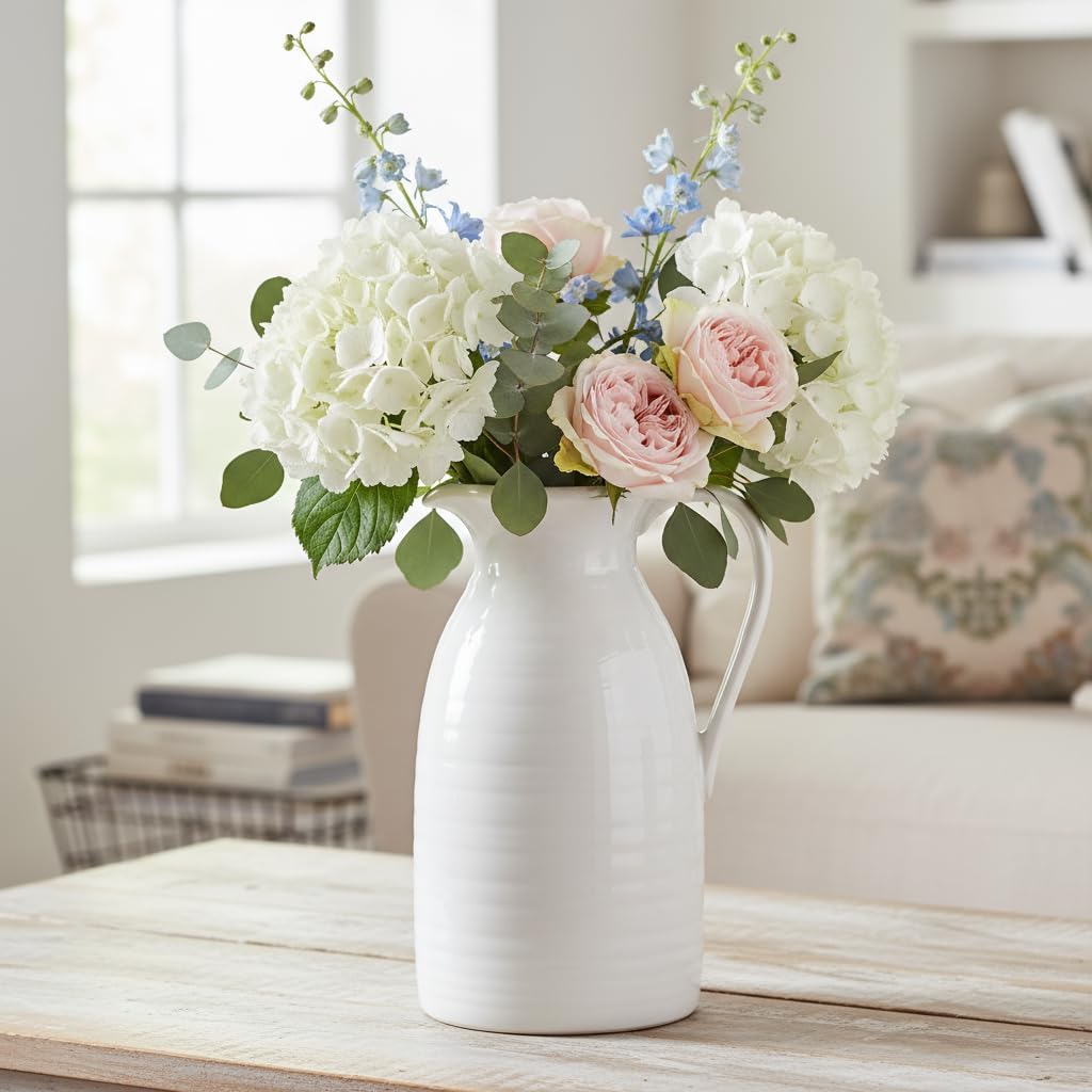 Farmhouse Pitcher Vase for Flowers- Ceramic Pitcher White Flower Vase / White - Pitcher Vase