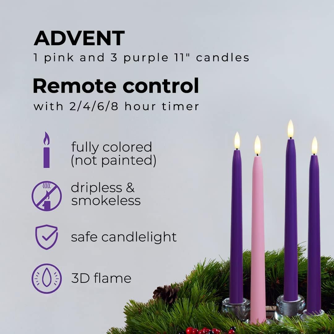 Stmarry Flameless Advent Candles, Set of 4 - Flickering LED Flame, 11 Inch Taper Candlesticks, Remote Controlled