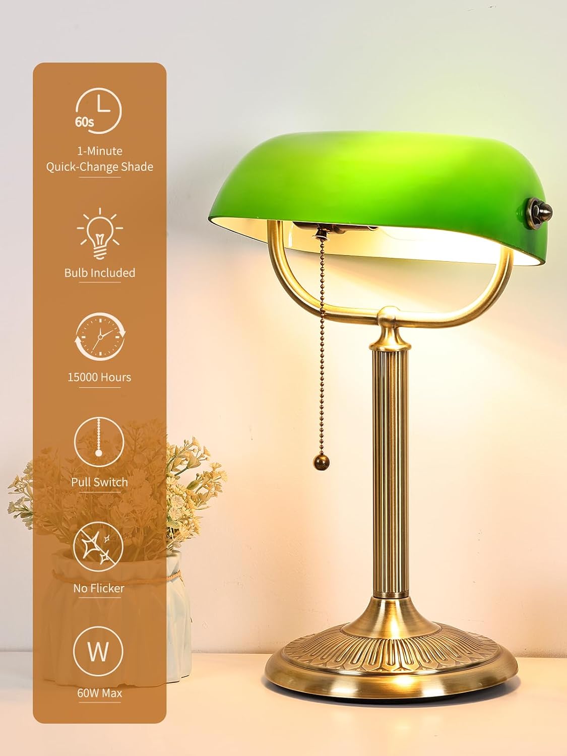 1-Minute Quick-Change Shade Classic Green Glass Bankers Desk Lamp | Study Office Library, LED Bulb Included