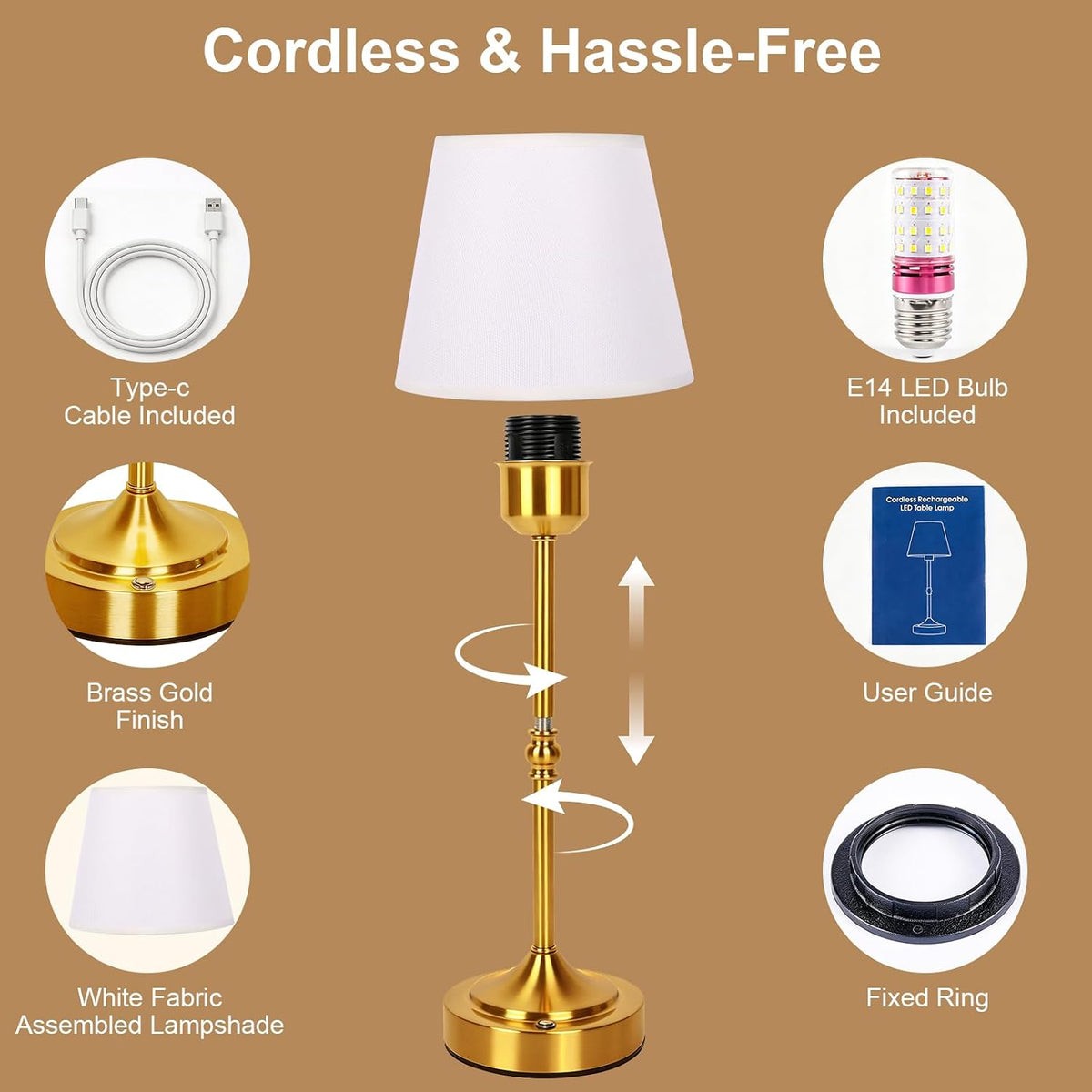 FLY2SKY Rechargeable Gold Cordless Table Lamp,3 Color Dimmable Bedside Lamp | 8H High Runtime,200H+ Low Runtime,LED