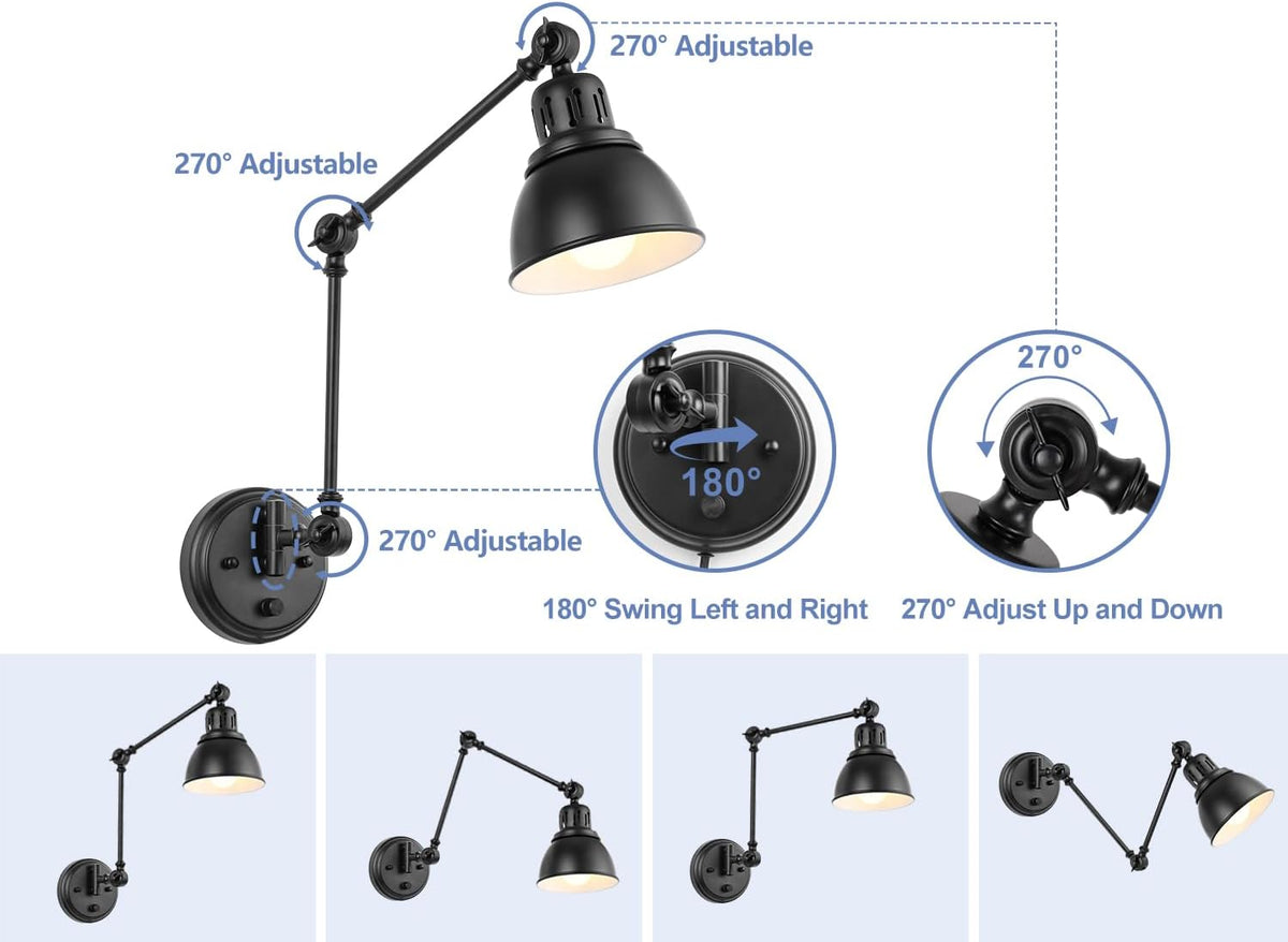 GOODATE 1 Pack Plug in Wall Sconce, Dimmable On Off Switch, Swing Arm Wall Lamp, Black Metal Industrial, Plug in Wall