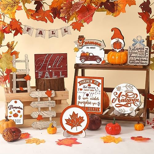 Huwena 16 Pcs Fall Tiered Tray Decor Thanksgiving Table Centerpieces Wood