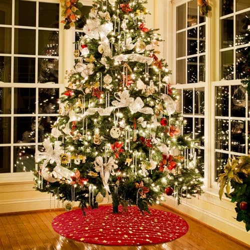 Christmas Tree Skirt Velvet Red 48 inch Large Soft Christmas Tree Mat with Gold Star Pattern for Indoor Outdoor Xmas Holiday Party Decoration