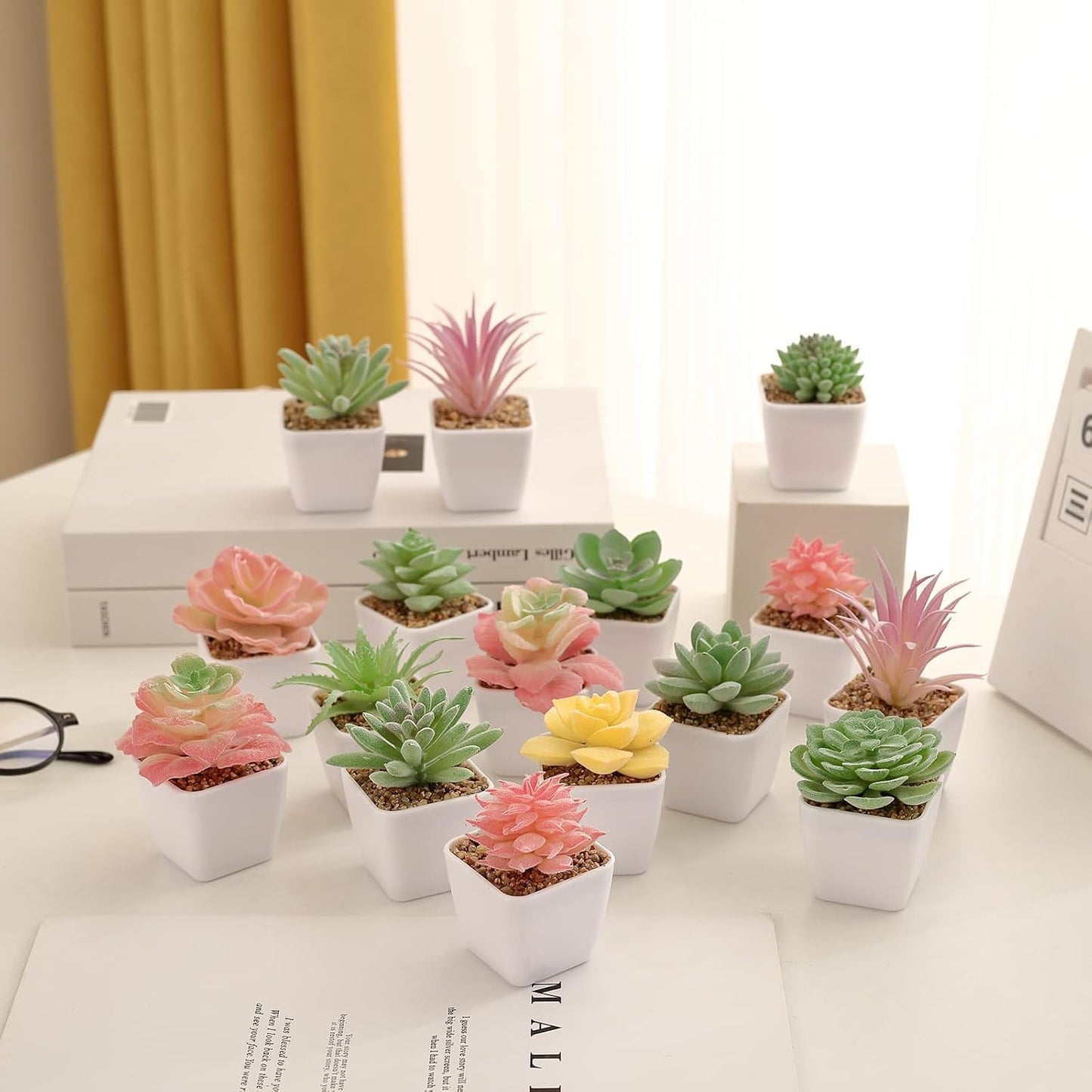 Artificial Faux Succulents in Pots Fake Plants Plastic Arrangement Planter / White-24 / Set of 24