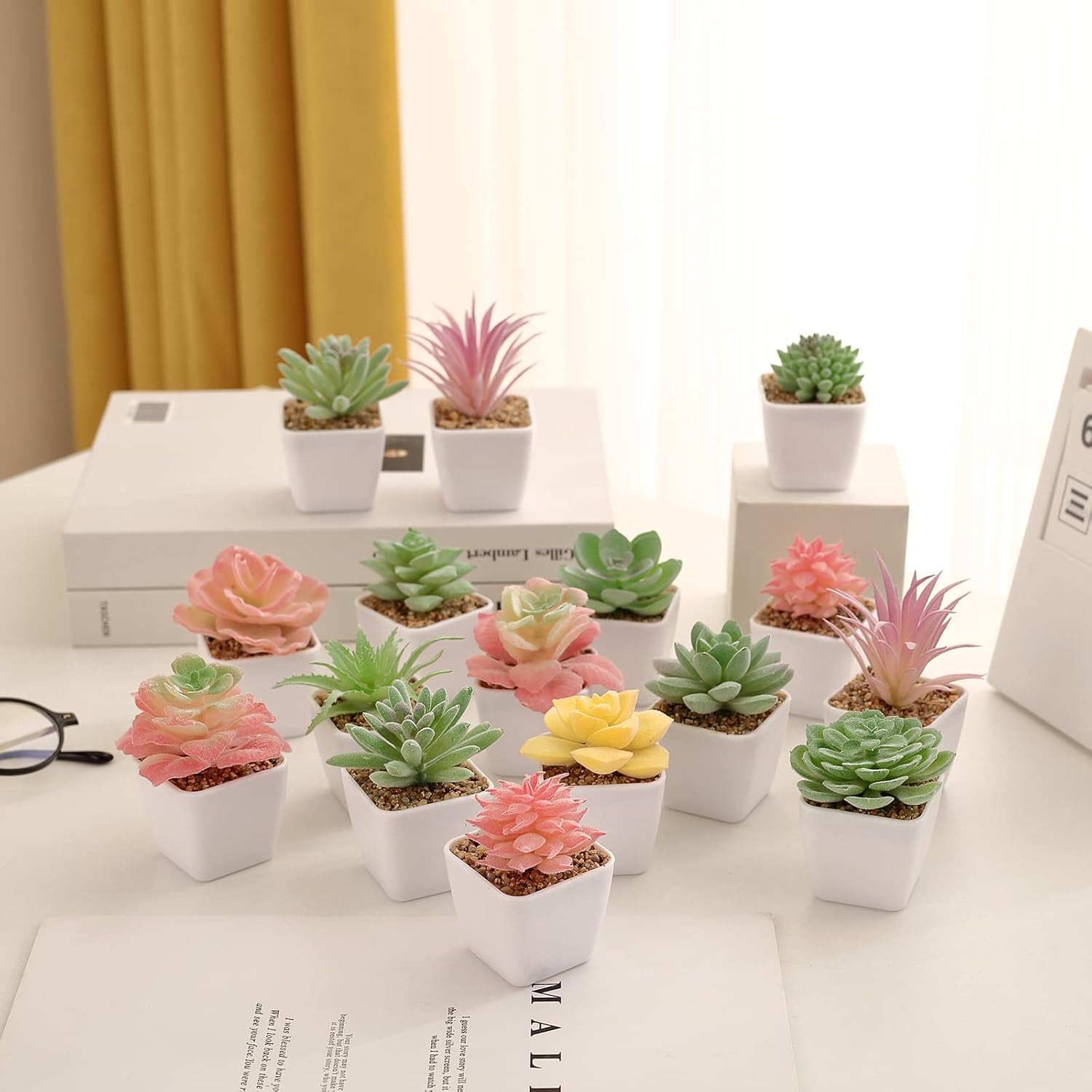 Artificial Faux Succulents in Pots Fake Plants Plastic Arrangement Planter / White-24 / Set of 24