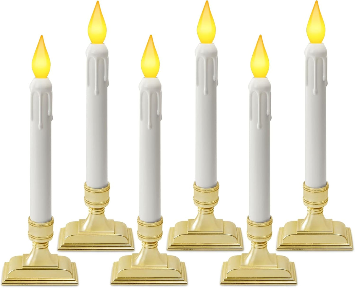 6 Pcs Sensor Dawn to Dusk Window Candles, Flameless Battery Candles for Windows, Led Candlesticks with Gold Holders, Flickering Candle Lights for Xmas Home Decor, Warm Yellow Light