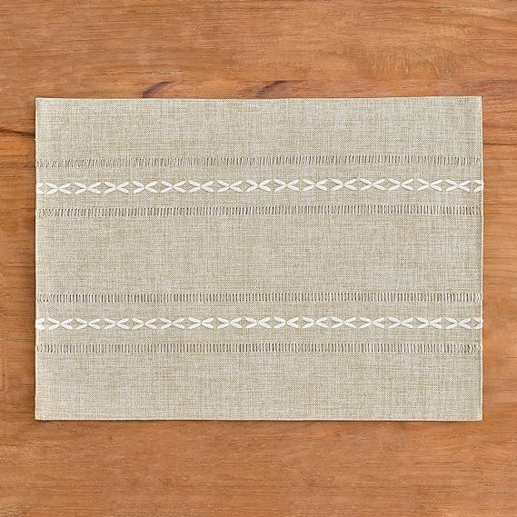 Wracra Cotton Linen Place Mats, Coffee Embroidered Placemats Set of 6 | Placemats 12 x 18 Inch; Cotton Linen Woven