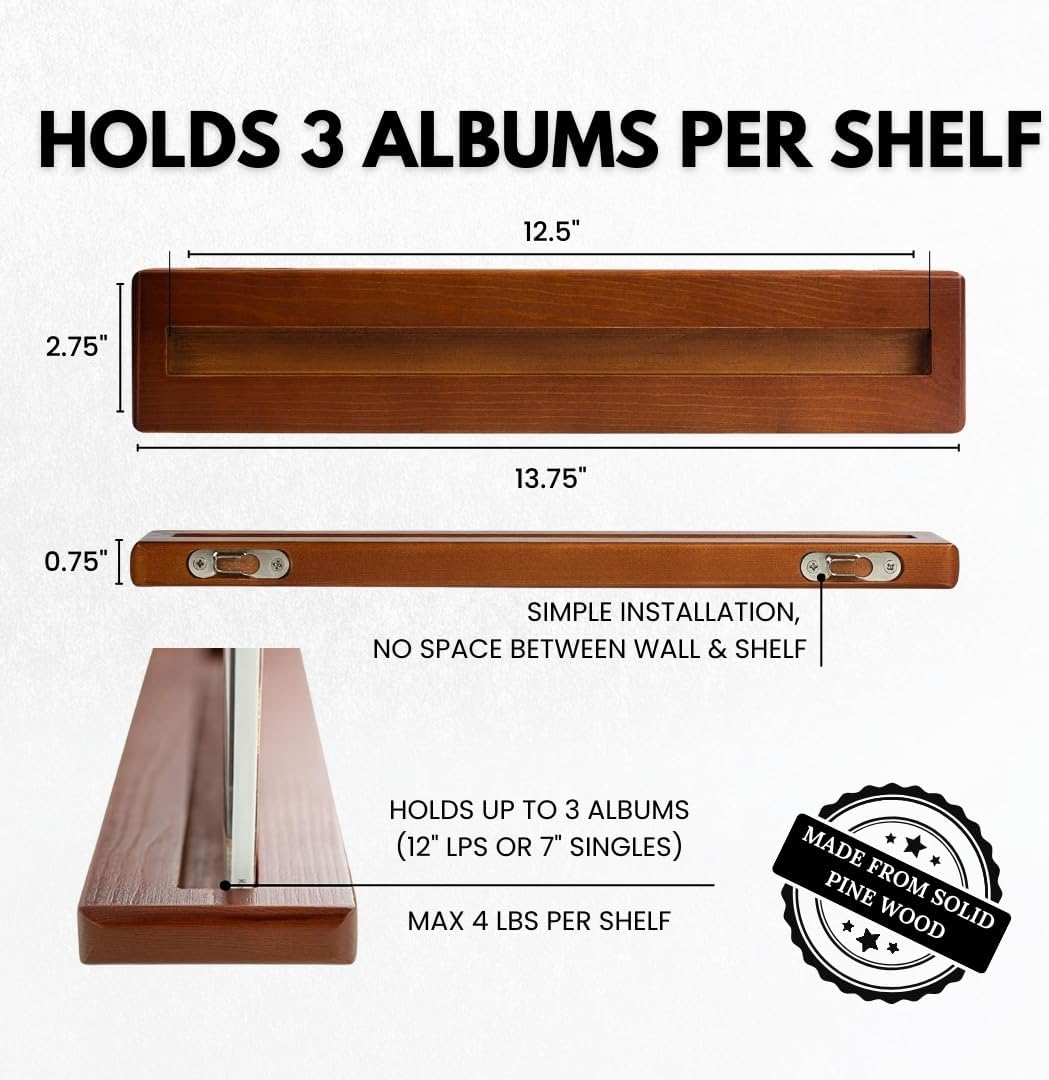 Vinyl Record Display Shelf - Set of 8 Floating LP Album Shelves for Wall Display - Solid Pine Wood - Wall Mount