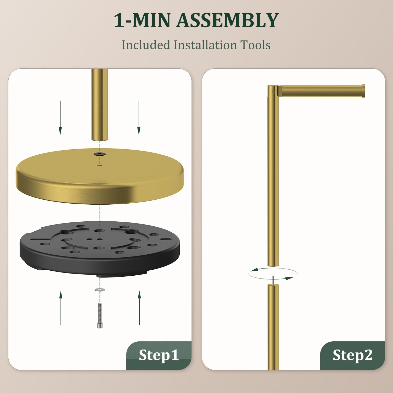 Brushed Gold Toilet Paper Holder Stand Free Standing Tissue Roll Holder | Freestanding Toilet Paper Stand Storage for
