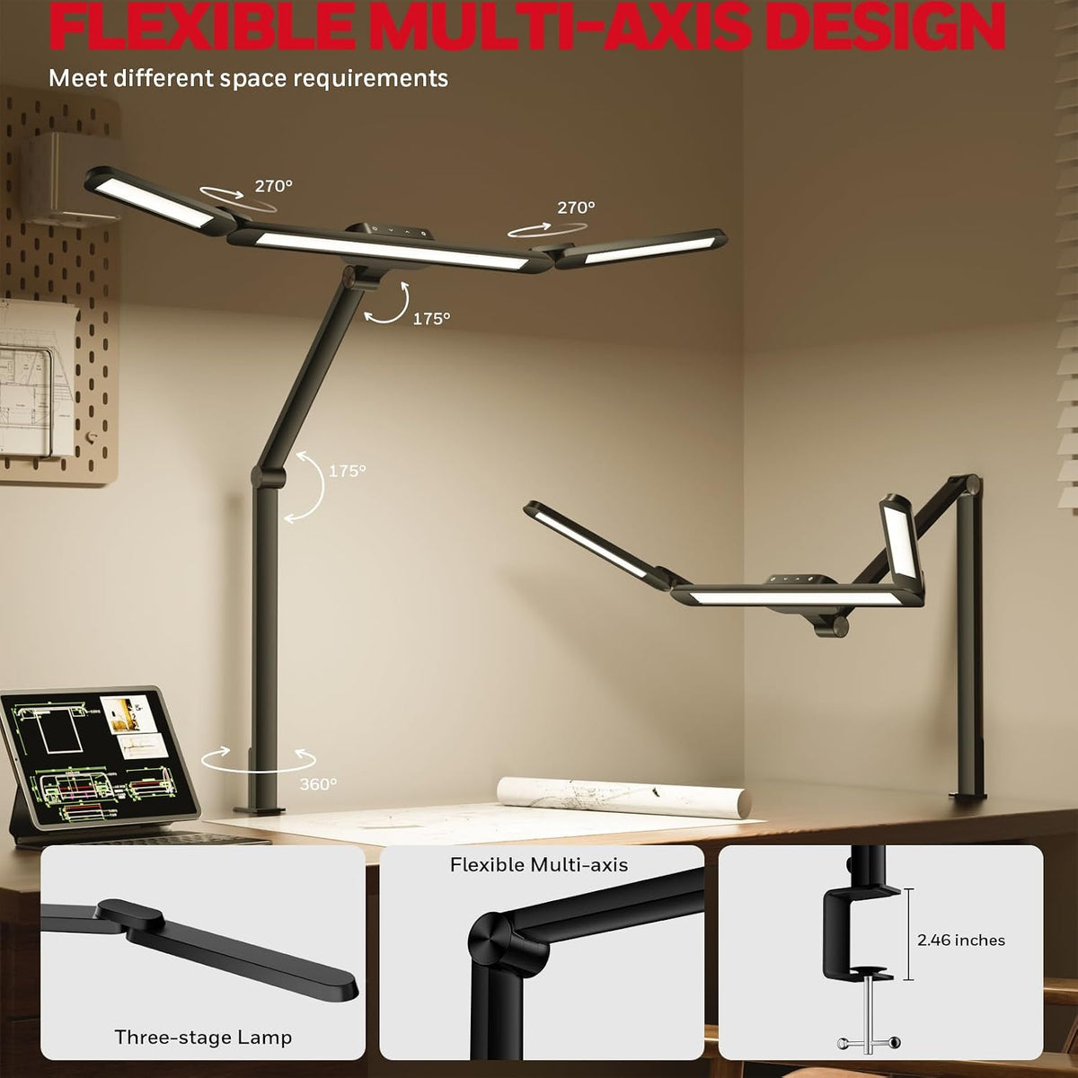 Honeywell HJ3B Sunturalux LED Clamp Desk Lamp for Computer Architect | Eye-Caring, CRI≥92, 4 color temps 3000K-5700K