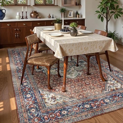 Washable Area Rug 8' x 10' Vintage Traditional Persian Mat - Foldable Distressed Non-Slip Machine Washable Carpet for