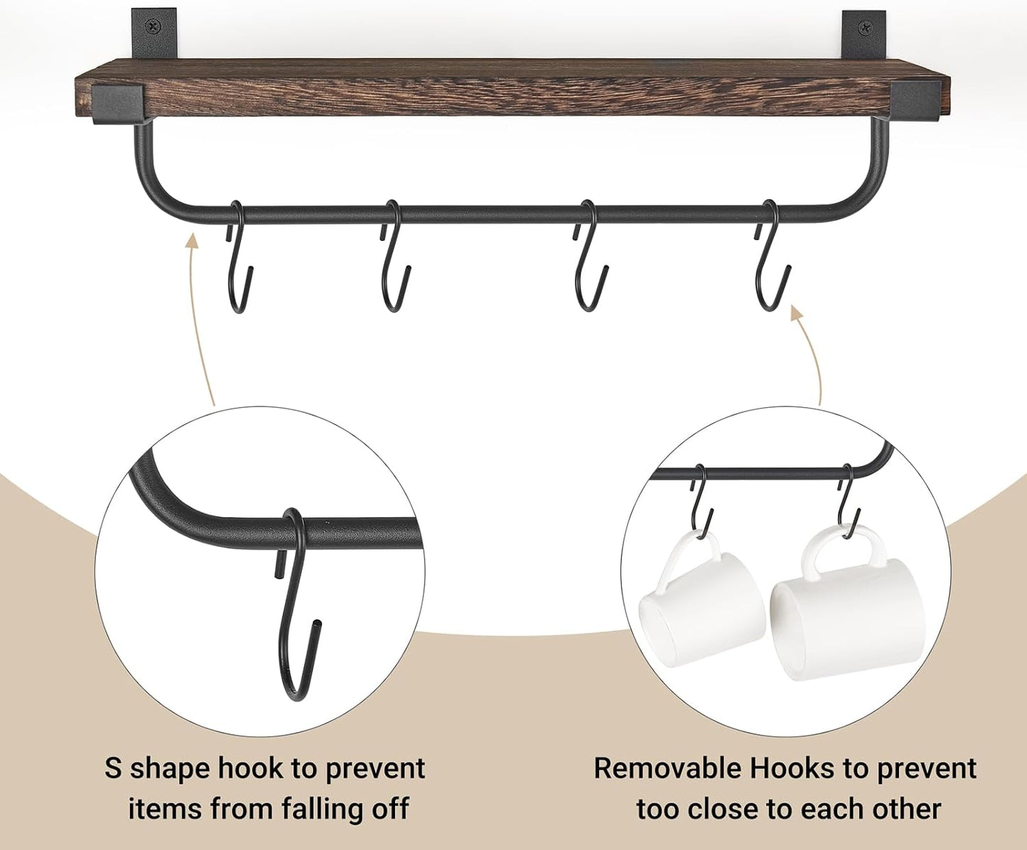 Mkono Coffee Bar Shelves, Wall Mounted Rustic Mug Rack with Hooks, 2 Pack | Kitchen Wall Shelf, Frees Up Counter Space