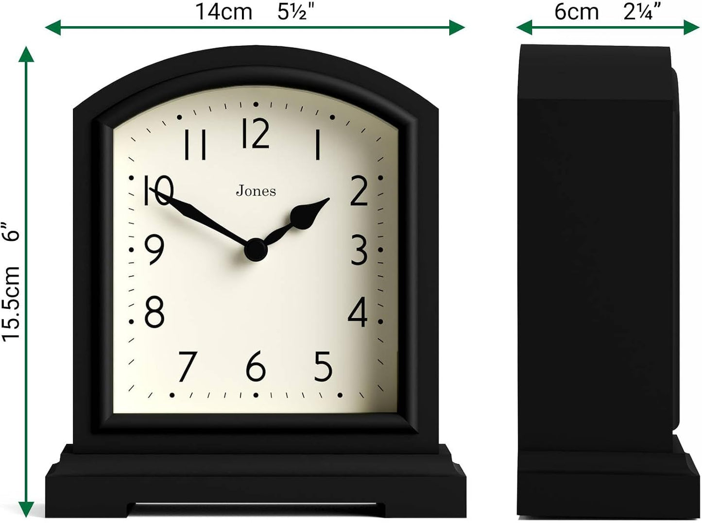 JONES CLOCKS® Tavern Mantel Clock | Modern Arch top Design | Black | Contemporary Classic Style for Desk, Table, Shelf
