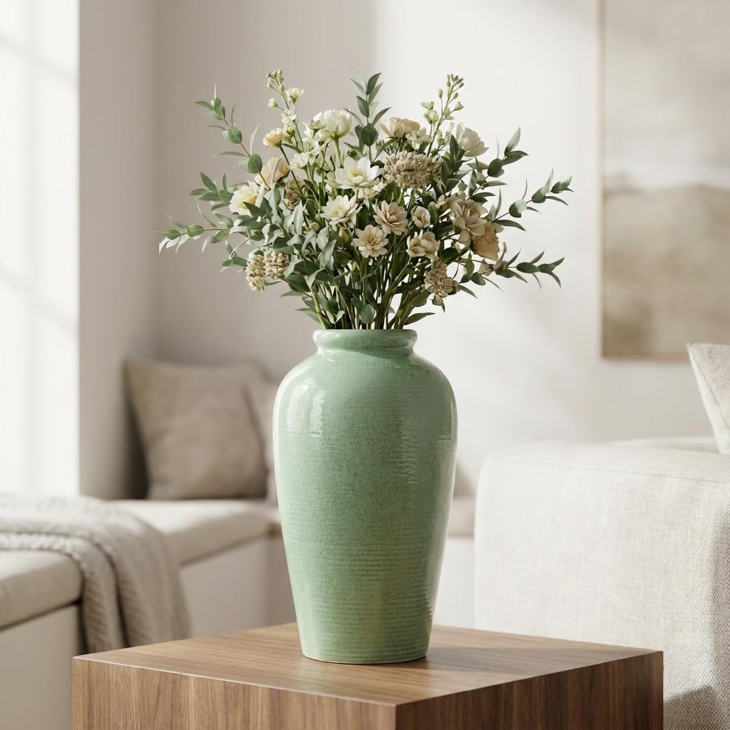 Ceramic Vase / Tall Modern Flower Vase for Pampas Grass / 11 Inch / Green