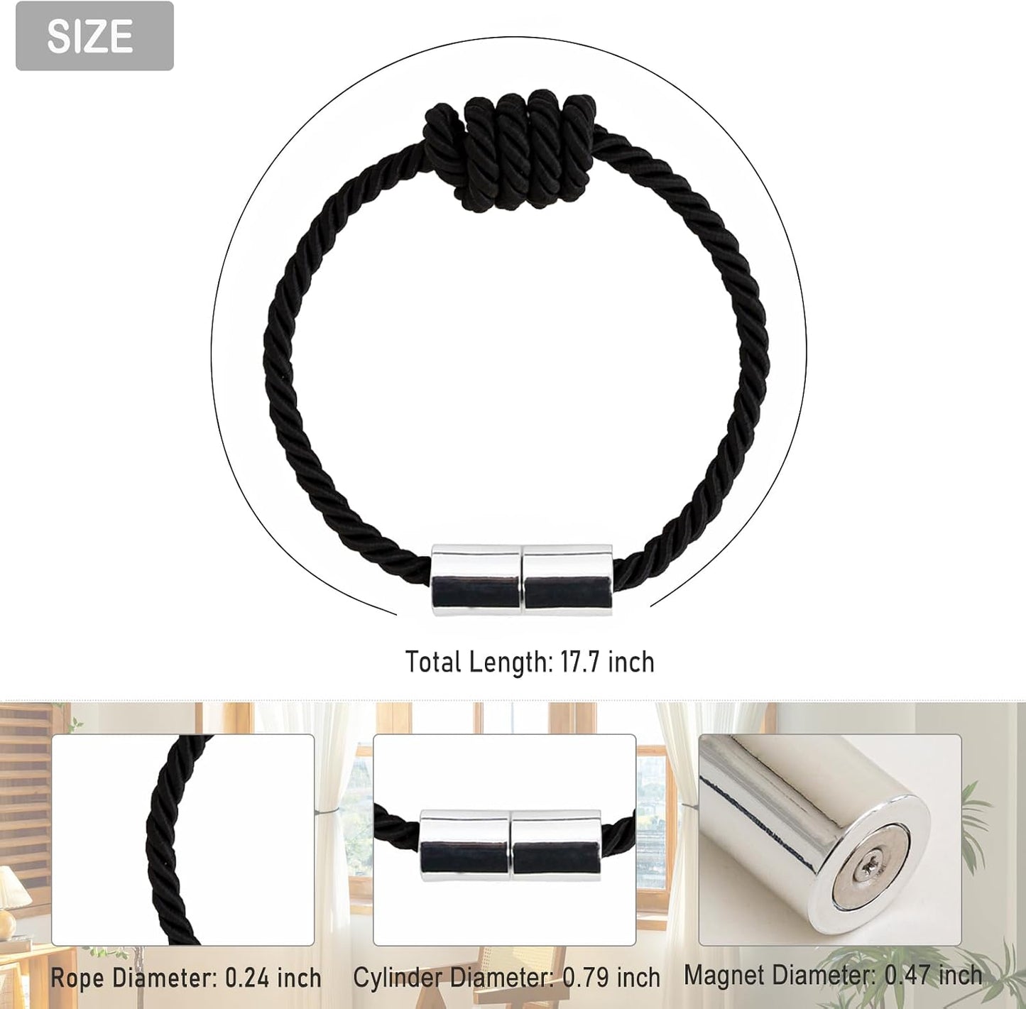 Curtain Tiebacks Magnetic Decorative Rope Tie Backs Holdbacks Contoeey | 8 Pack Black Modern Elegant Window Treatment