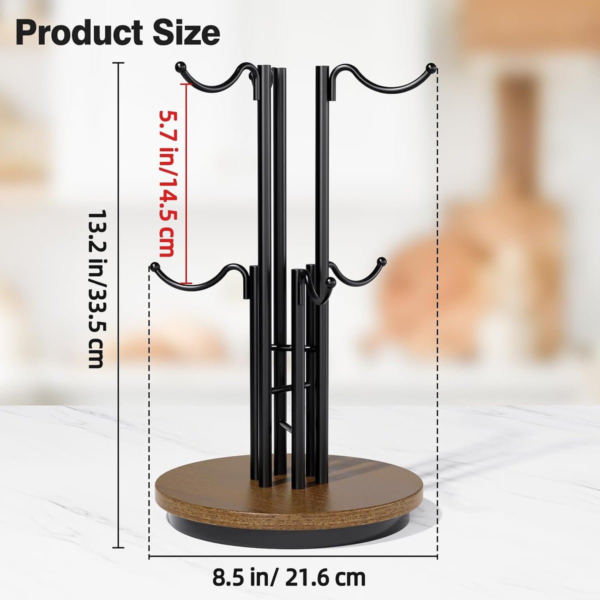 6-Hook 360° Rotating Large Coffee Mug Tree for Counter, Wood Base, Brown | 360° rotation, 6 mugs (12-16oz), 5.7"