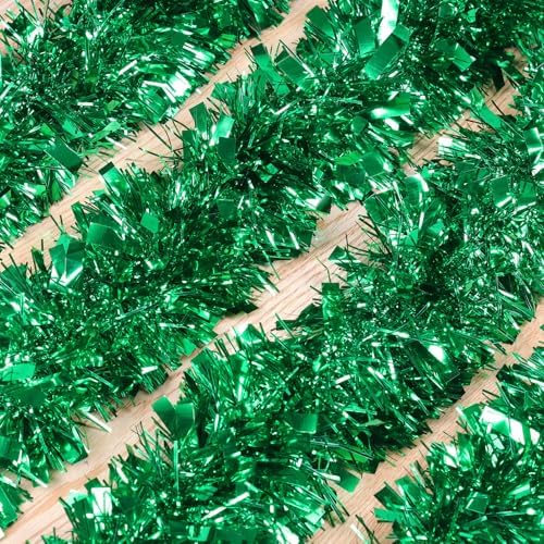 50Ft Green Christmas Garland Decorations,Xams Greenery Tinsel Stems Non-Lit Soft Twist Garland Decor for Tree Stairs Railing Front Door Mantle Fireplace Indoor Outdoor Holiday Home