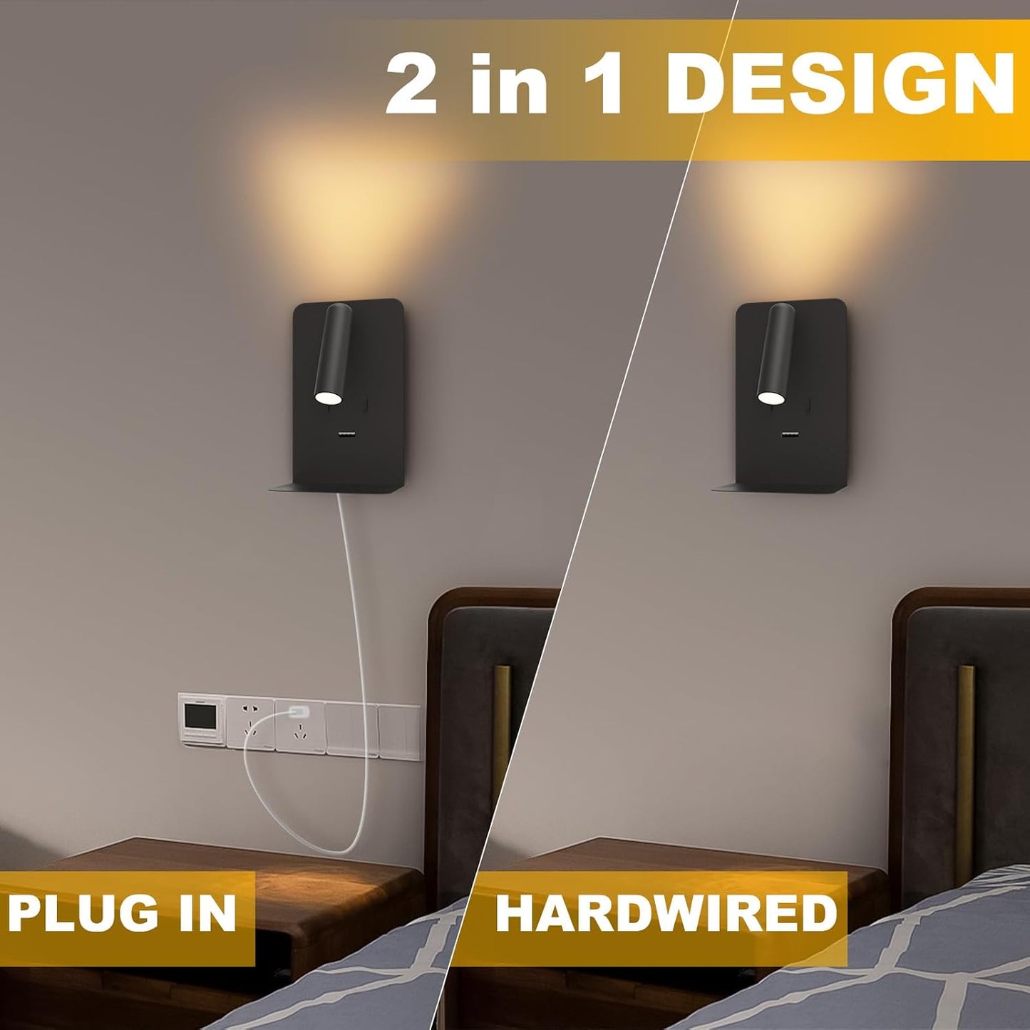 ZEROUNO Plug in Wall Sconce with Switch LED Bedside Lamp Bedroom Wall Mounted Reading Light with USB Port Wall Lighting