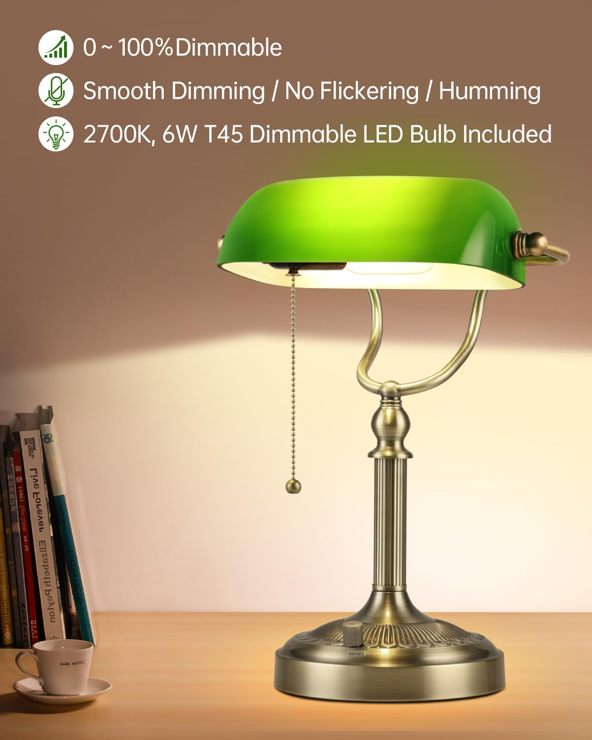Green Stepless Dimmable Glass Bankers Desk Lamp | Table Lamp Plug in Fixture for Study, Office, LED Bulb Included