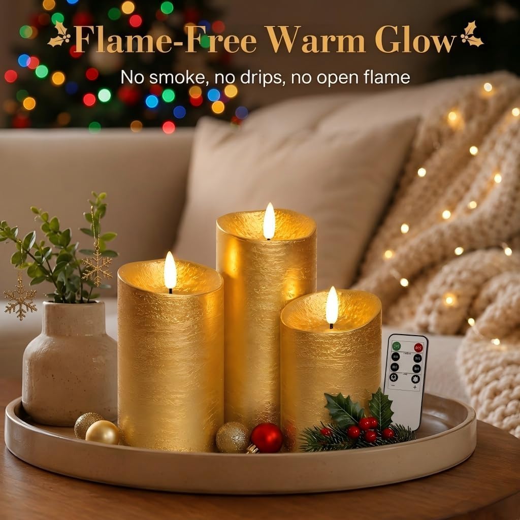 Gold Candles Battery Operated with Remote for Christmas Decor | 3 Inch Diameter, 4 5 6 Inch Heights, Real Wax Gold