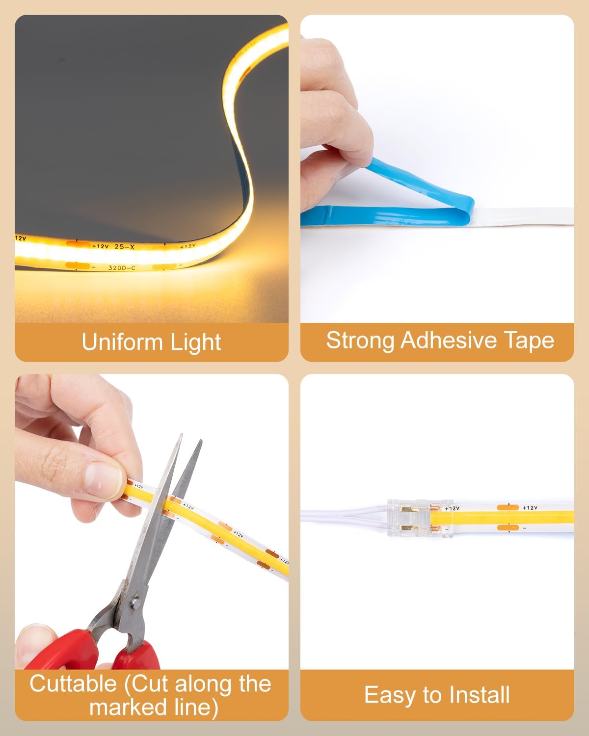 JUSJUBR LED Shelf Lights, 16.4ft 12V Dimmable Cuttable COB LED Strip Lights, Warm White 3000K, Under Shelf Lighting for