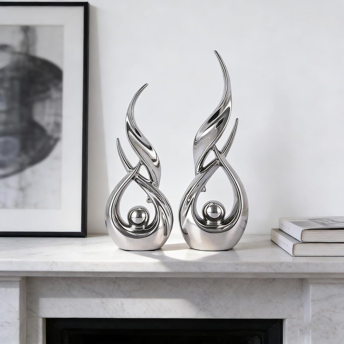 Ceramic Statues / Modern Abstract Art Sculptures / Silver / Set of 2