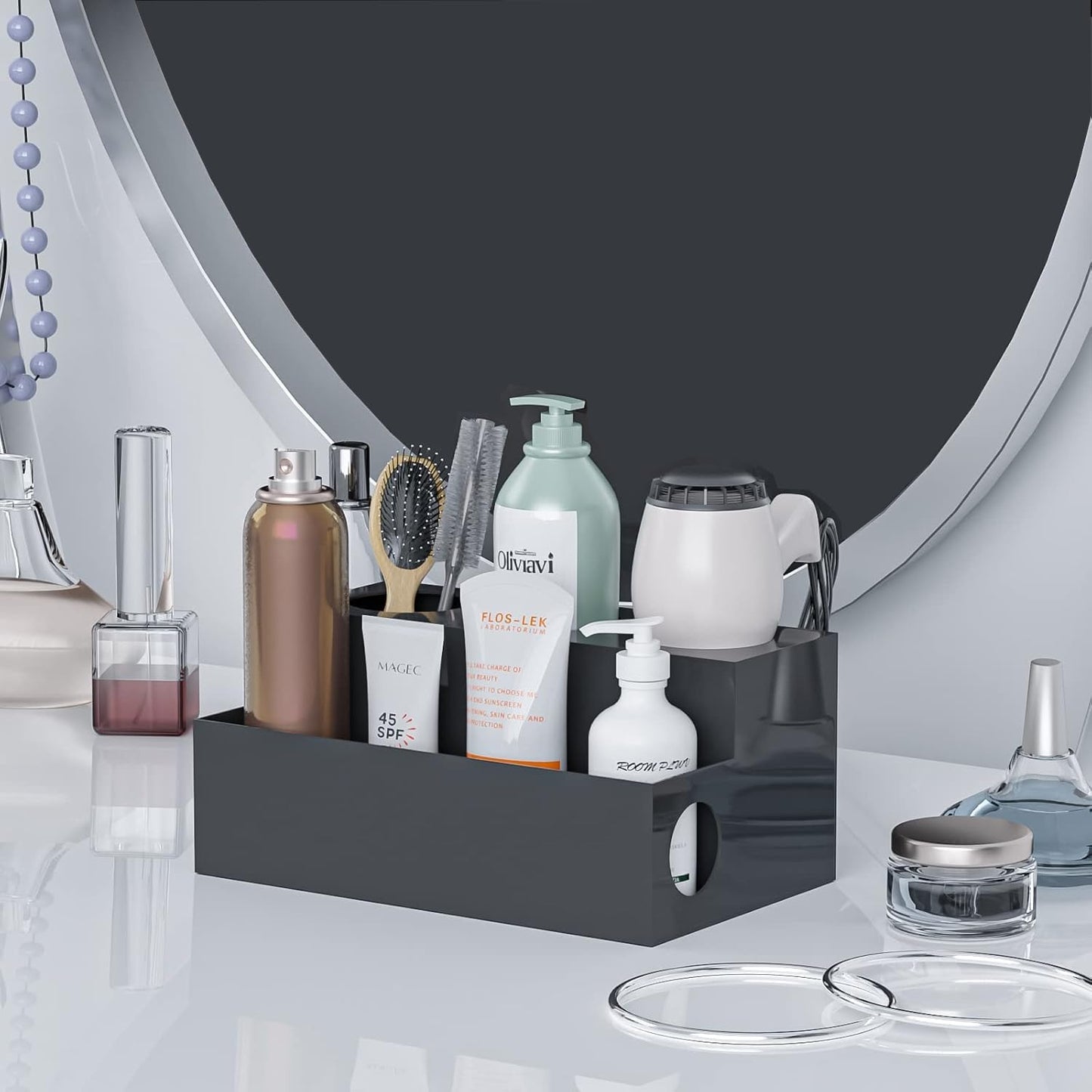 Hair Tool Organizer, Black Acrylic Hair Dryer Holder | Bathroom Supplies Countertop Blow Dryer Holder, Vanity Caddy