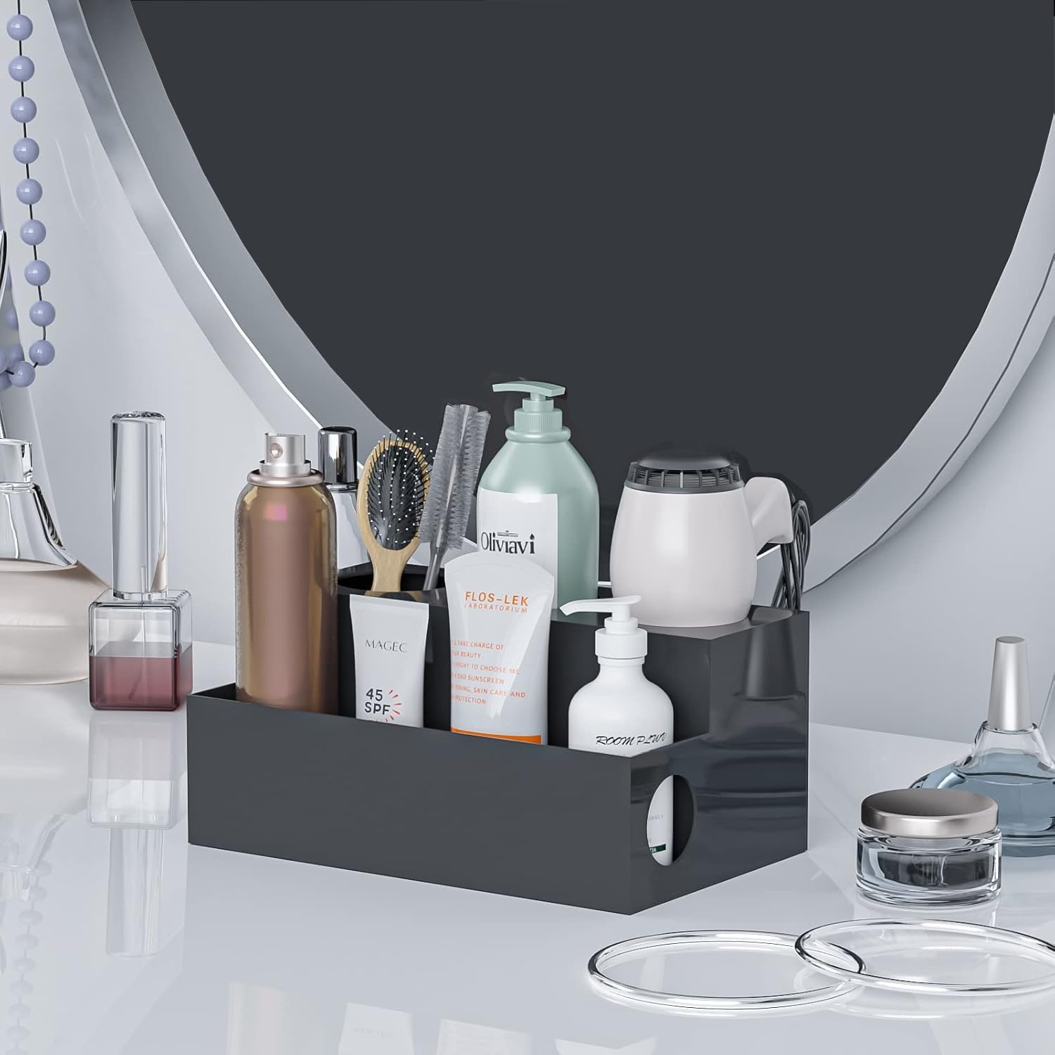 Hair Tool Organizer, Black Acrylic Hair Dryer Holder | Bathroom Supplies Countertop Blow Dryer Holder, Vanity Caddy