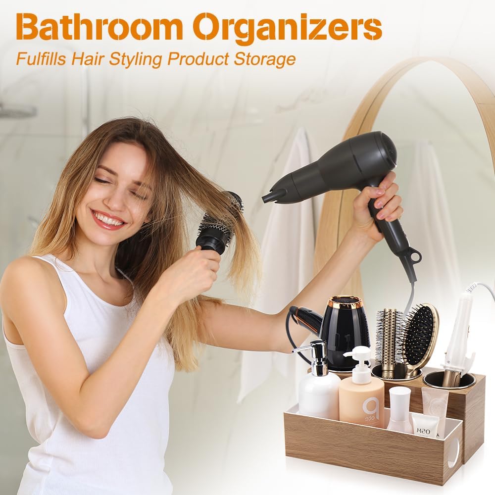 GFWARE Hot Hair Styling Tool Organizer with 3 Stainless Steel Cups, Wood | Hair Accessories Bathroom Vanity Storage