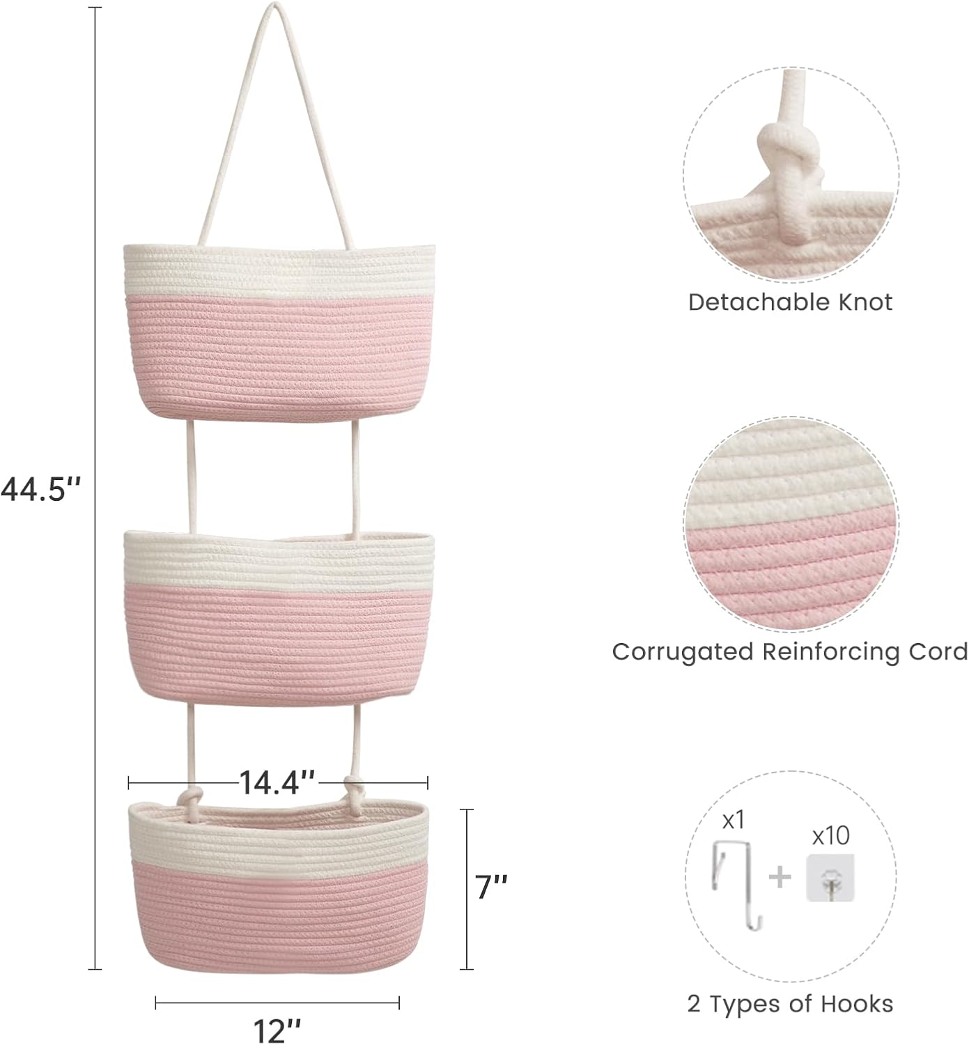 3-Tier Woven Cotton Wall-Mounted Storage Organizer Bag Decorative Hanging Nursery / Pink & White