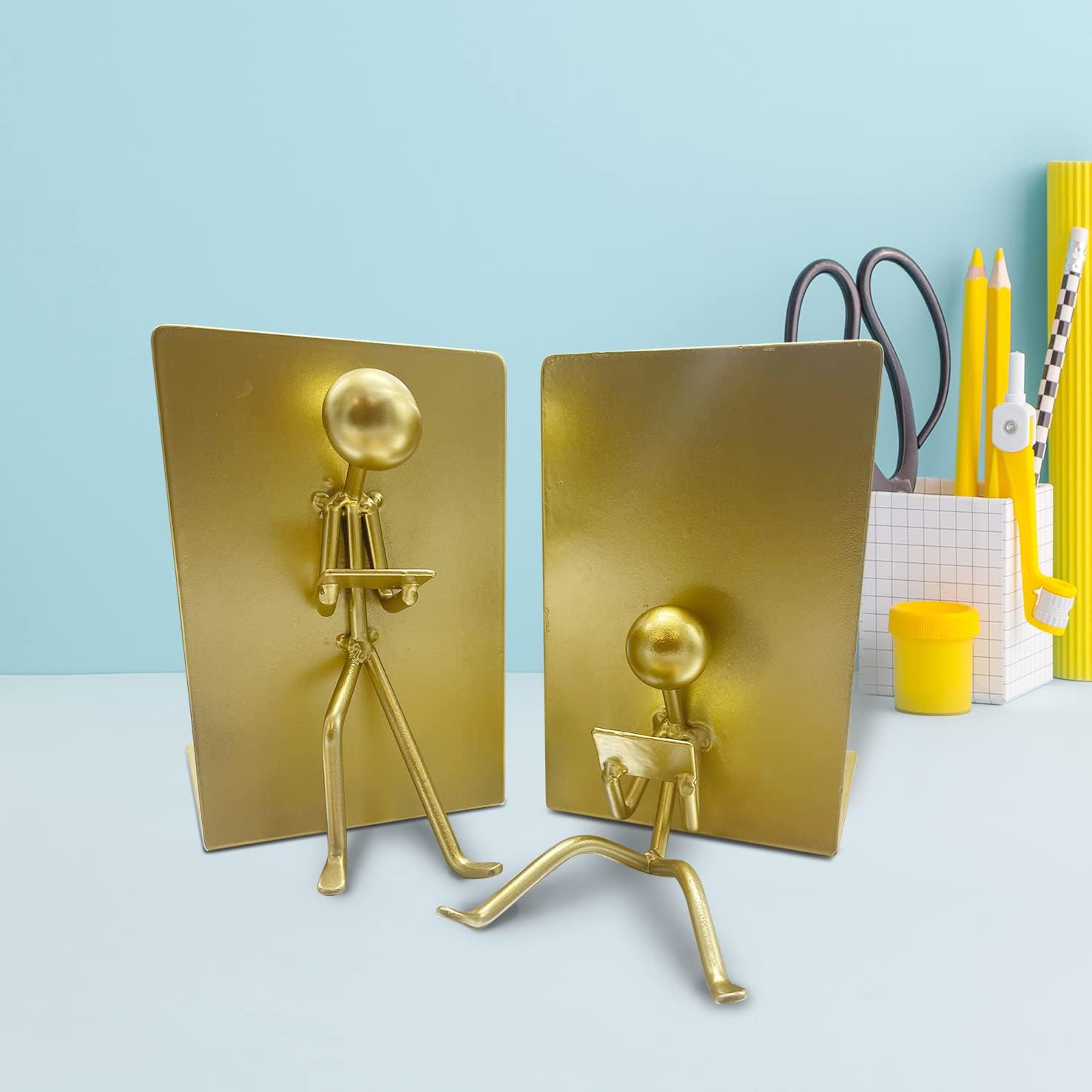Heavy Duty Metal Unique Office Desk Bookends for use as Bookshelf Decor / Gold