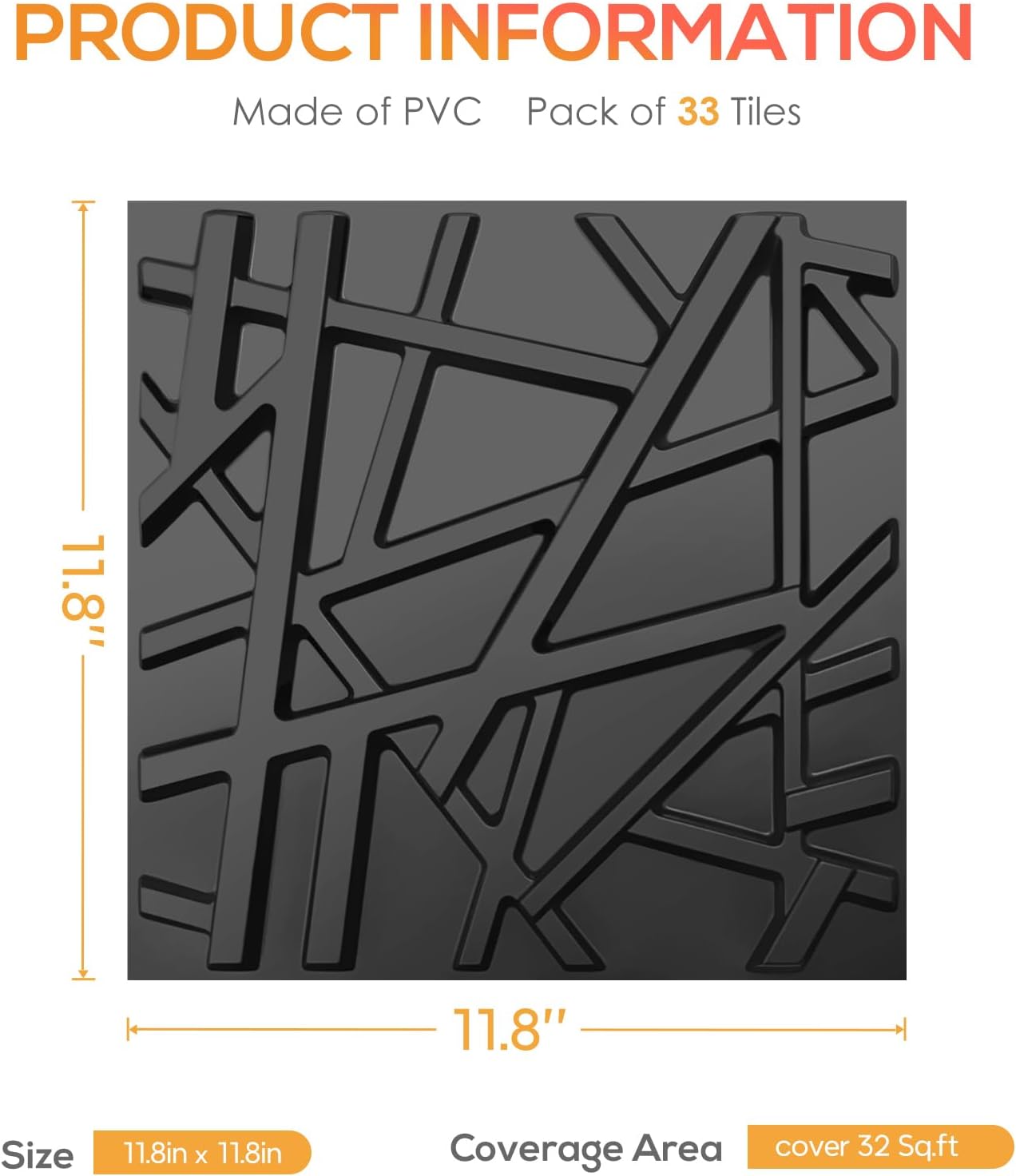 LEVOWAY 33 Pack 3D Wall Panels for Interior Wall Decor, 11.8''x11.8'' Black Accent Textured Wall Panels, Wall Covering