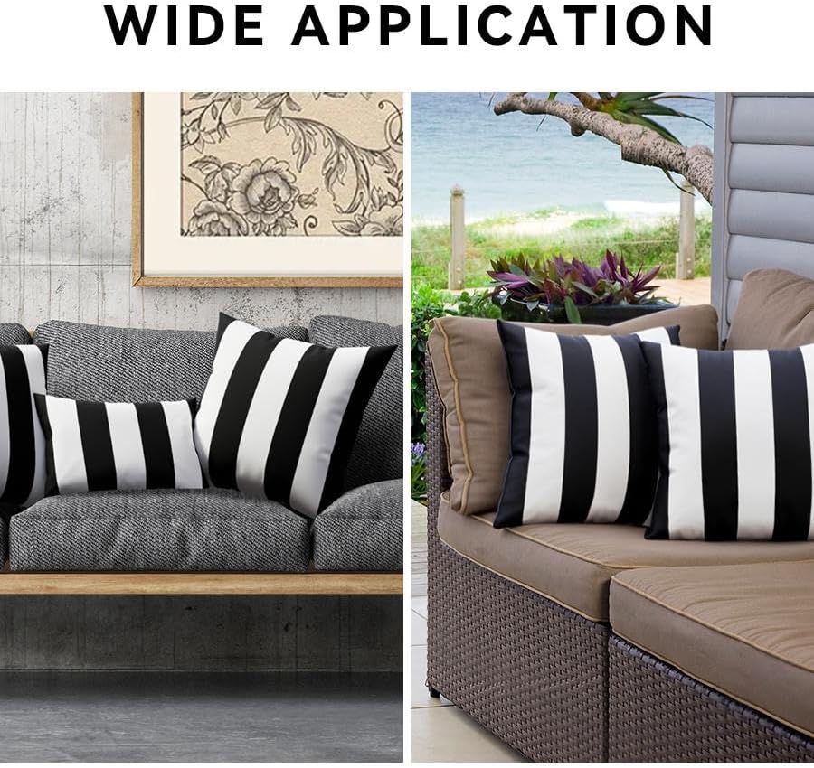 Decorative Outdoor Waterproof Striped Throw Pillow Covers / Black and White / 18 x 18 / Set of 2
