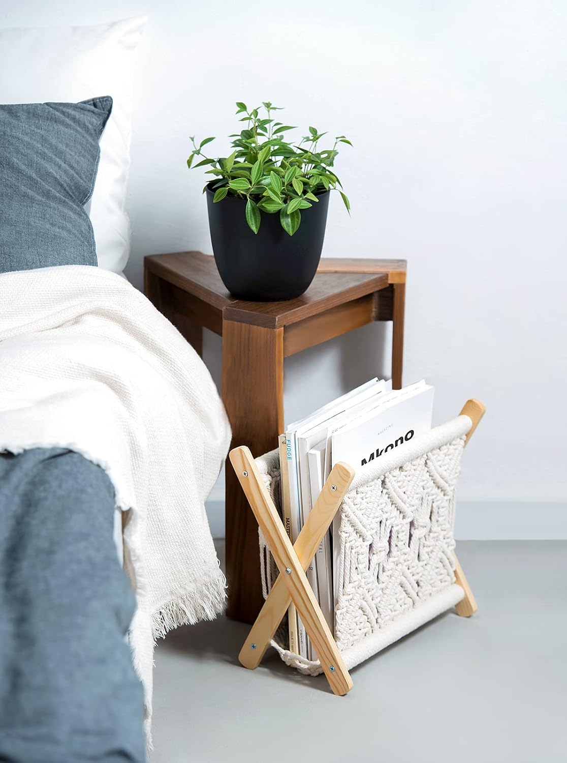 Mkono Macrame Magazine Holder, Boho Woven Book Rack Basket, 11.2"L x 7.5"W | Boho Decor, Mail Paper Vinyl Storage