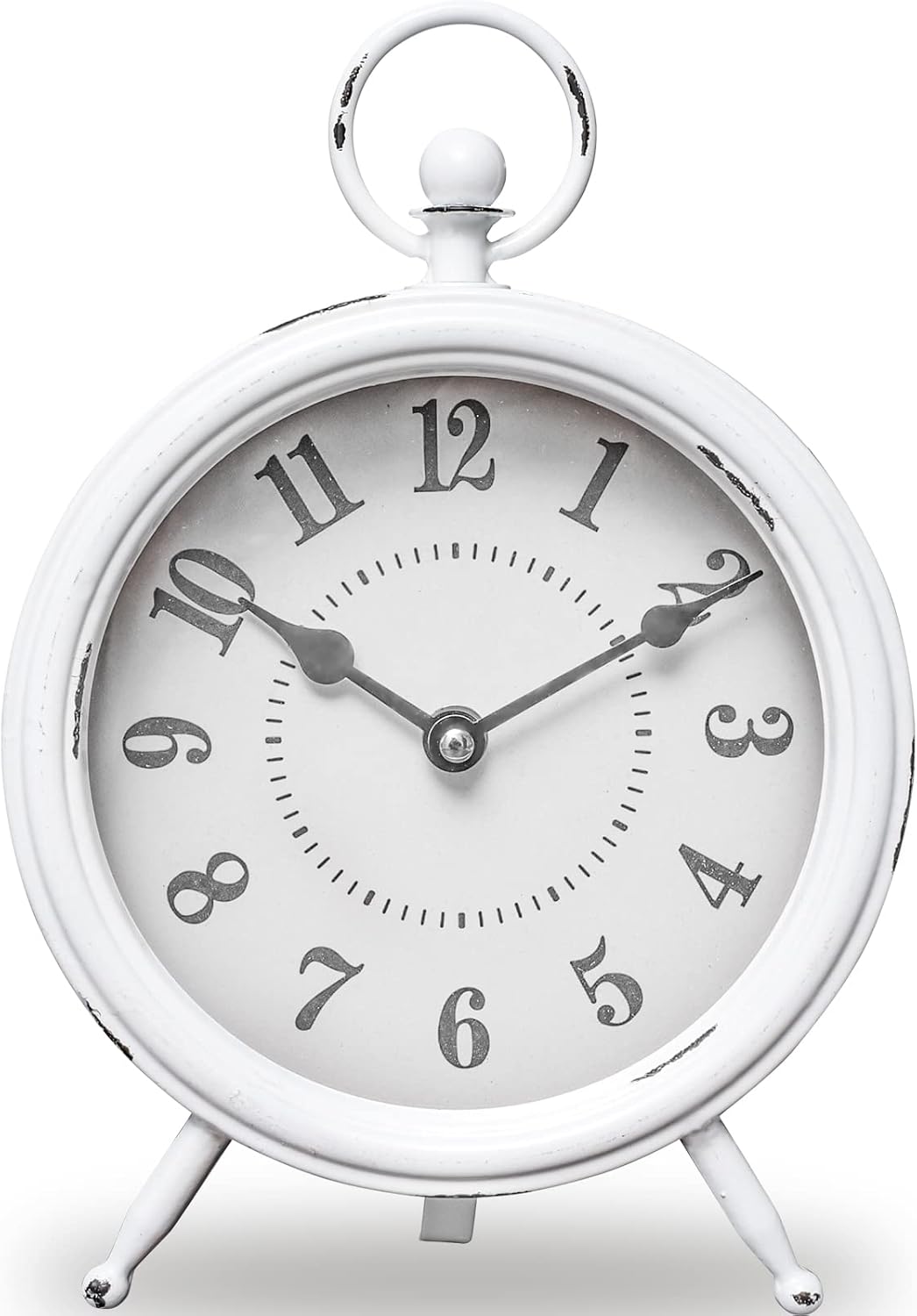 Vintage Rustic Table Clock on Stand / White / 10.5"H