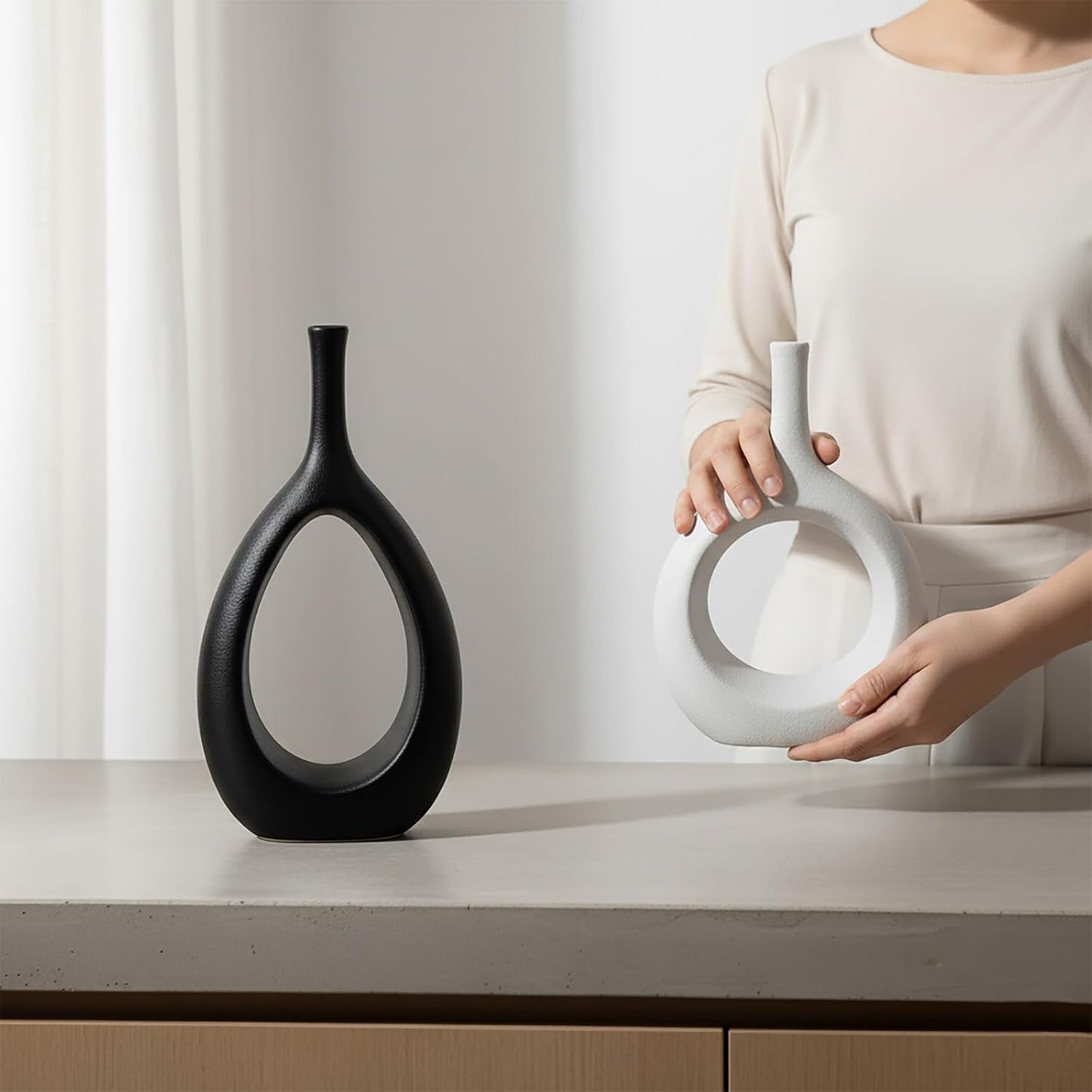 Ceramic Vase / Modern Minimalist Boho Hollow Flower Vases / White&black / Set of 2
