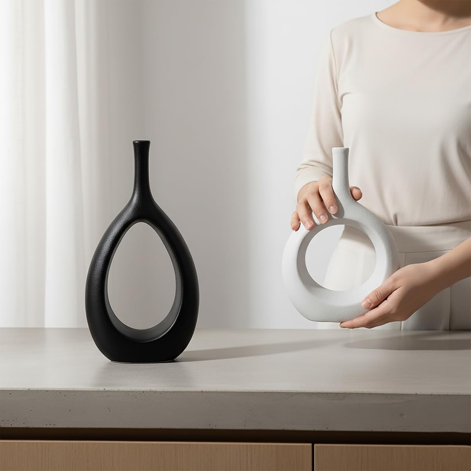Ceramic Vase / Modern Minimalist Boho Hollow Flower Vases / White&black / Set of 2