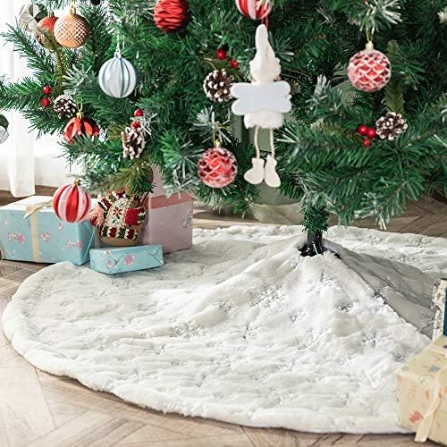 Christmas Tree Skirt 36 inches White Faux Fur Silver Snowflake Sequin Embroidered Luxury Tree Skirt Xmas Decoration