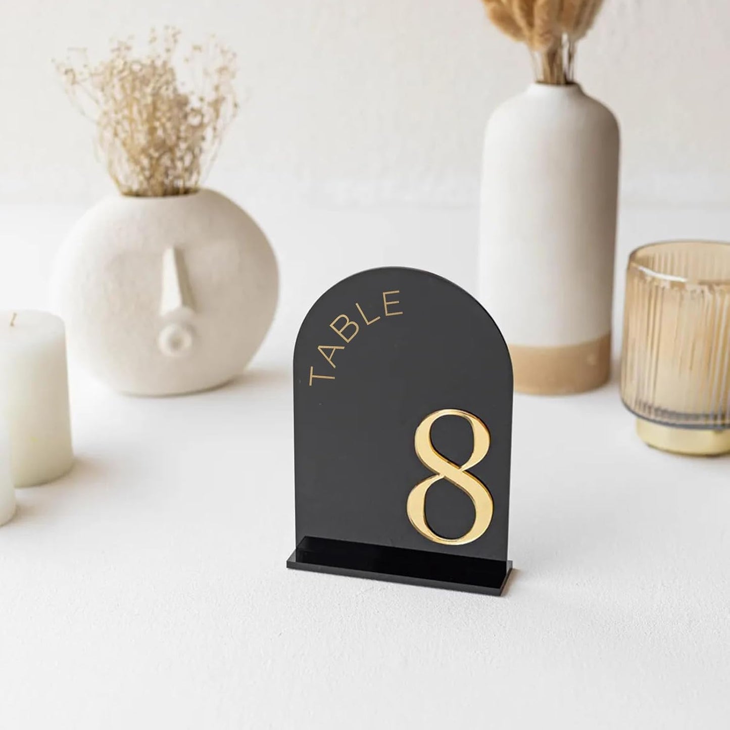 Black Arch Wedding Table Numbers 1-20, Gold Numbers and Stands | 10 Pack 5x7 Inch Black Arch Acrylic Sign with Raised