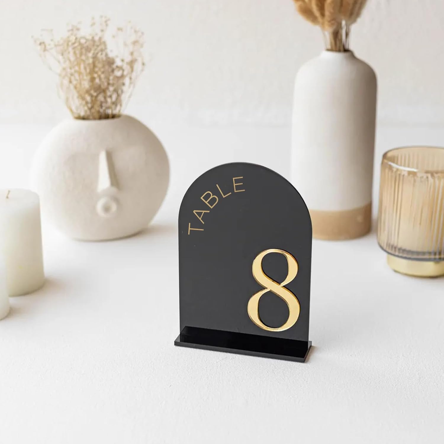 Black Arch Wedding Table Numbers 1-20, Gold Numbers and Stands | 10 Pack 5x7 Inch Black Arch Acrylic Sign with Raised