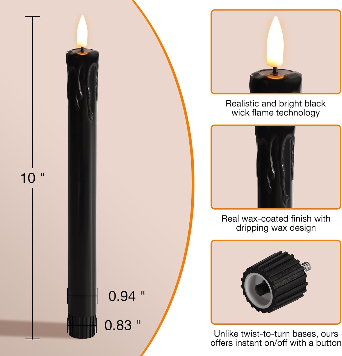 Black Dripping Wax Halloween Flameless Taper Candles with Remote Set of 6 | Flickering LED Candlesticks, 2 AAA Battery