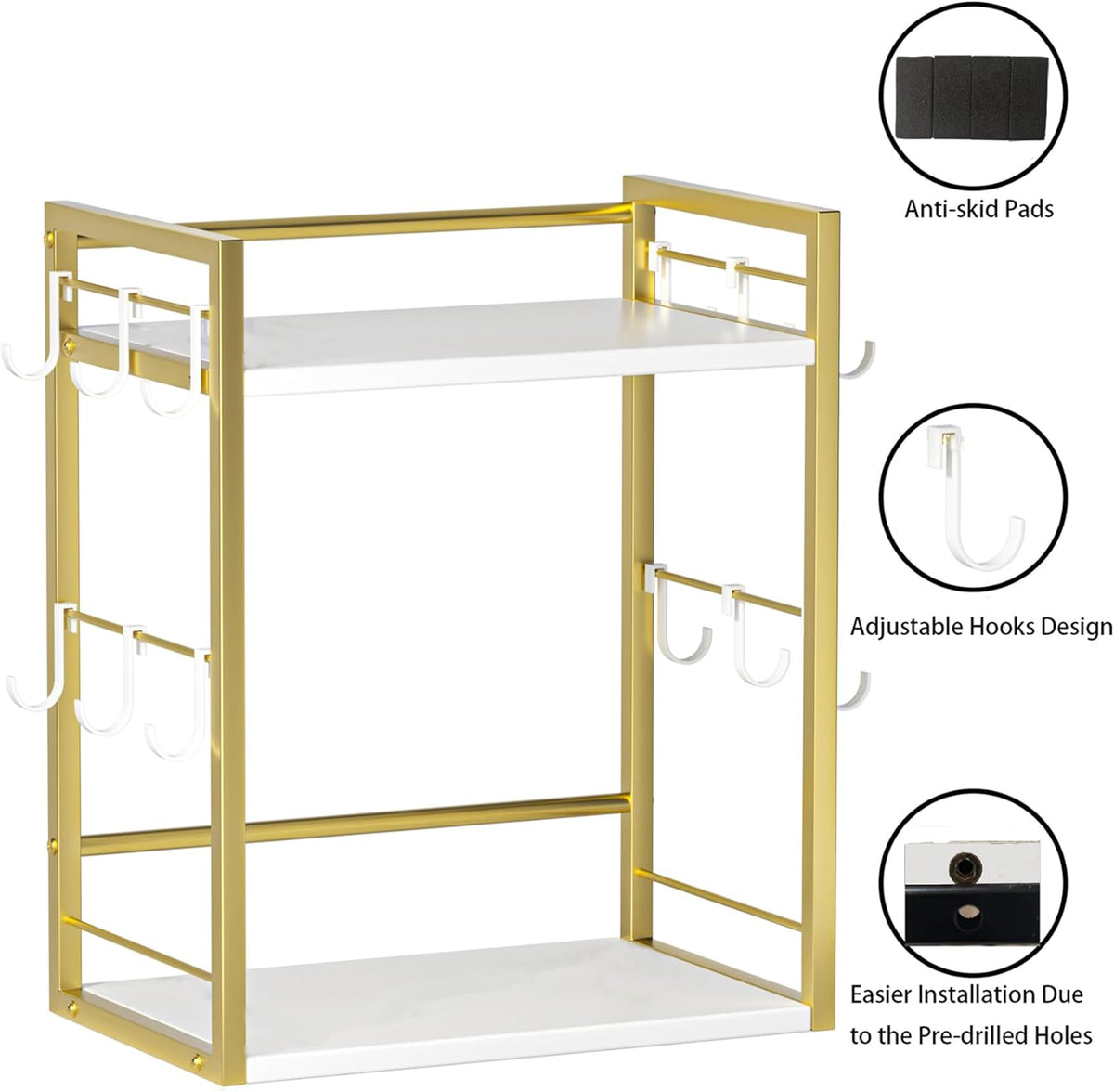 Dorhors Coffee Bar Organizer,Mug Holder,Station Organizer Kitchen Counter | 2 Tier Gold + White Wood Coffee Bar