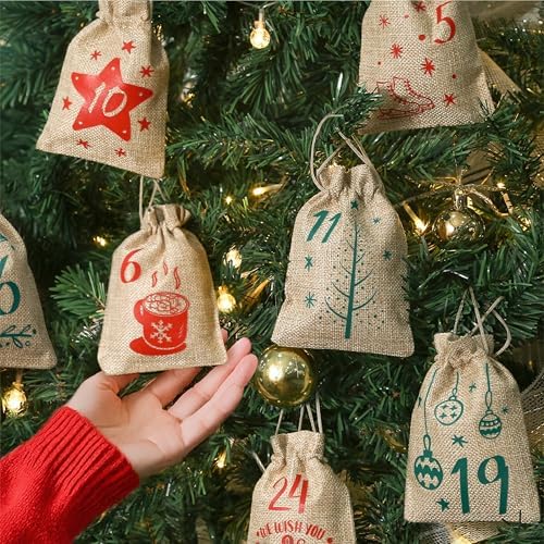 24PCS Christmas Advent Calendar Bags, 3.9x5.9 Inches Christmas Countdown Burlap Bags, Reusable Drawstring Gift Bags for Candy, Snacks, DIY Crafts, Holiday Party Favors