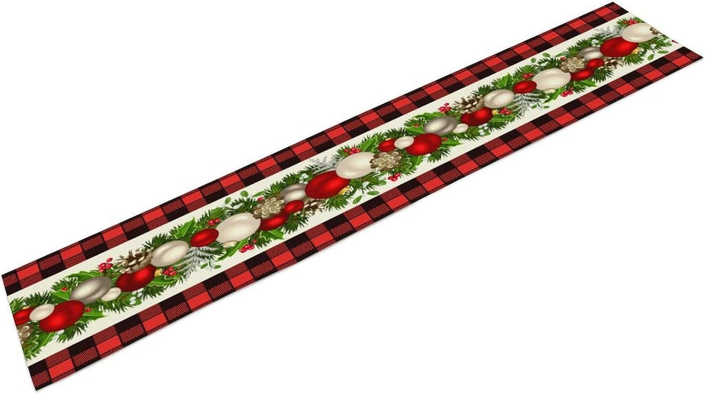 Christmas Linen Table Runner, Red and Black Buffalo Plaid Winter Xmas Holiday Farmhouse Style Patterns Printed Linen