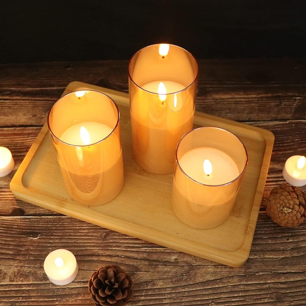 GenSwin Glass Flameless Fake Candles Battery Operated with Remote Gold | LED Candles, 3 Pack, Real Wax, Wedding