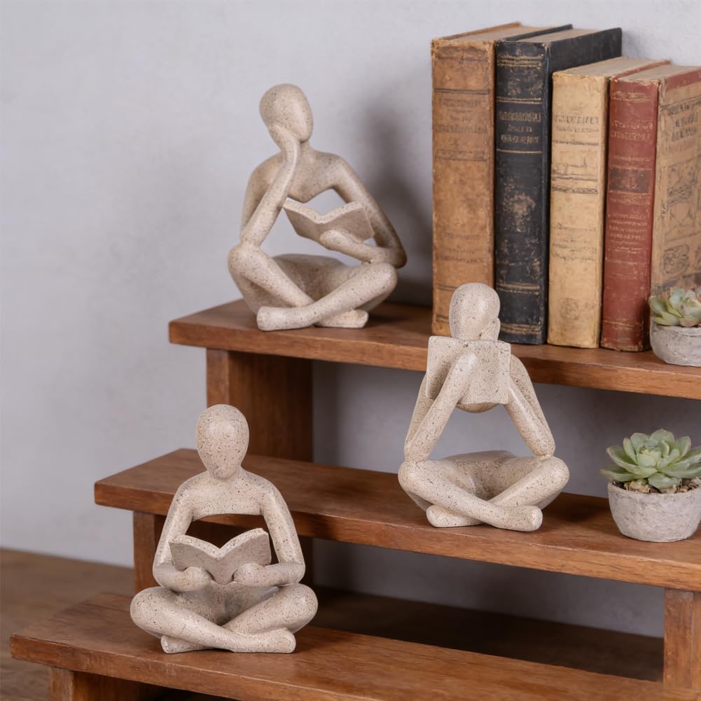 Thinker Statue / Matte Sandstone Resin Reading Figurines / Sandstone Color / Set of 3