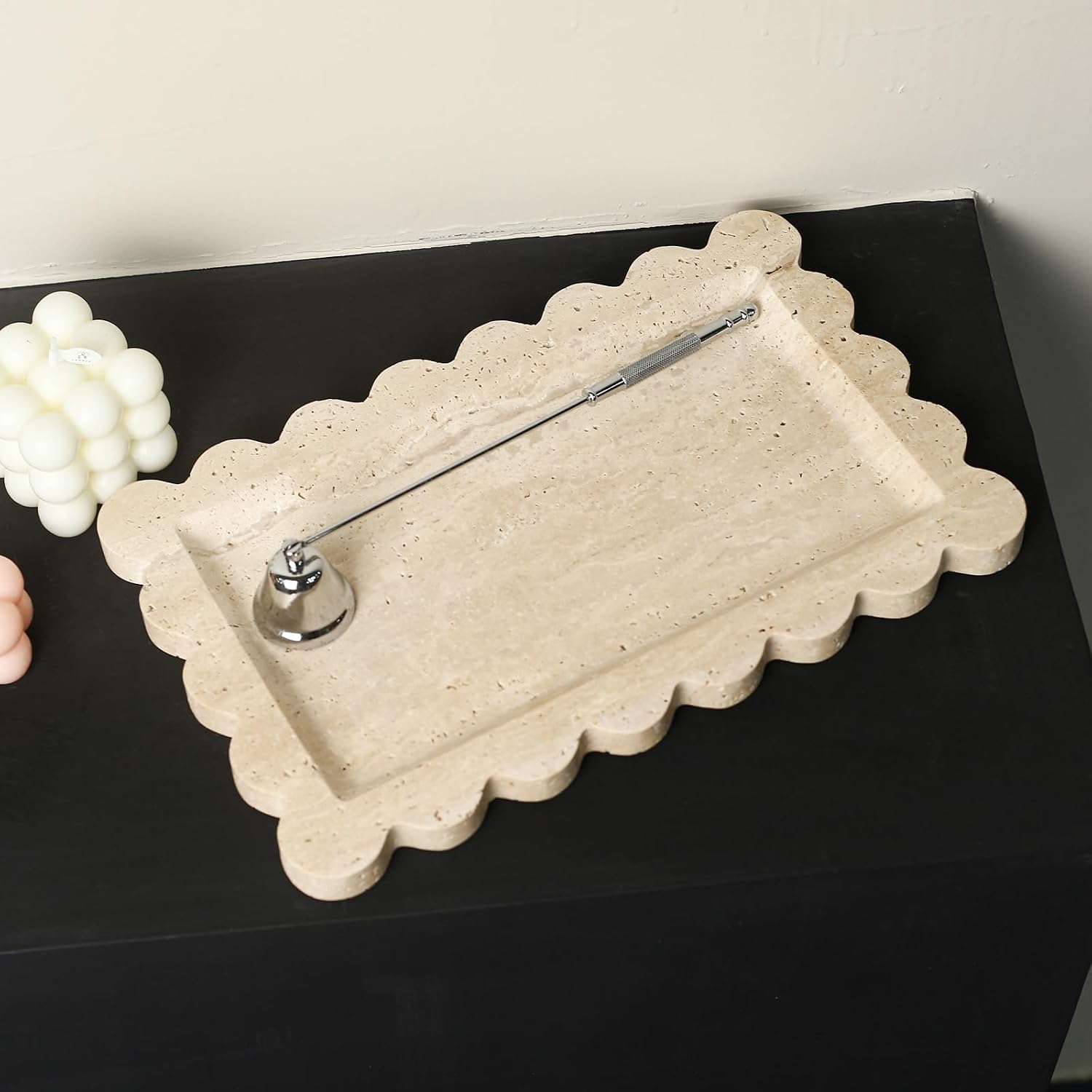 Natural 100% Marble Vanity Tray Scalloped Marble / Rectangle-beige Travertine / 11.8 x 7.4 x 0.7